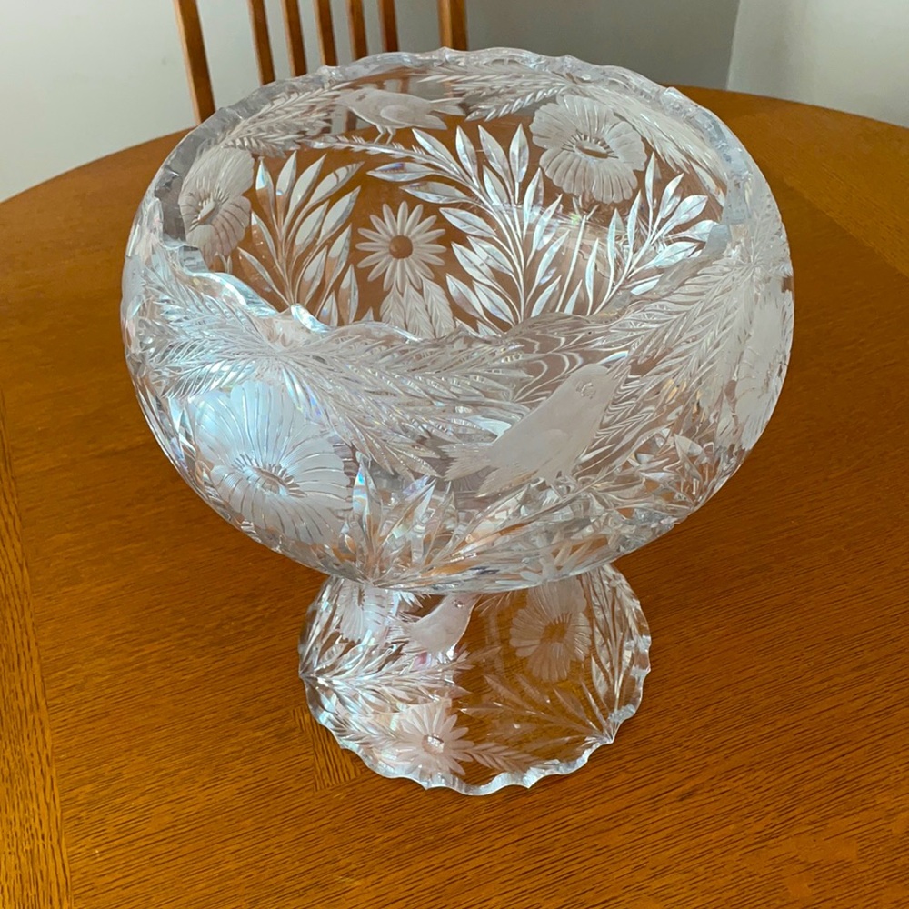 Crystal punch bowl with carvings of birds/flowers
